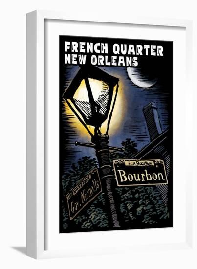 French Quarter - New Orleans, Louisiana - Bourbon Street - Scratchboard-Lantern Press-Framed Art Print