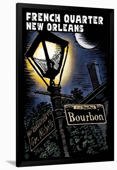 French Quarter - New Orleans, Louisiana - Bourbon Street - Scratchboard-Lantern Press-Framed Art Print