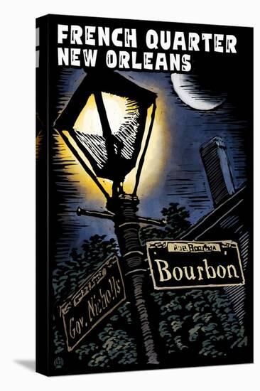 French Quarter - New Orleans, Louisiana - Bourbon Street - Scratchboard-Lantern Press-Stretched Canvas