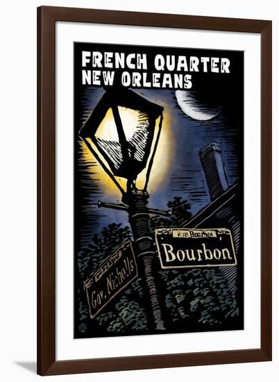 French Quarter - New Orleans, Louisiana - Bourbon Street - Scratchboard-Lantern Press-Framed Art Print