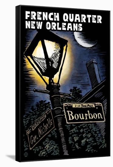 French Quarter - New Orleans, Louisiana - Bourbon Street - Scratchboard-Lantern Press-Framed Stretched Canvas