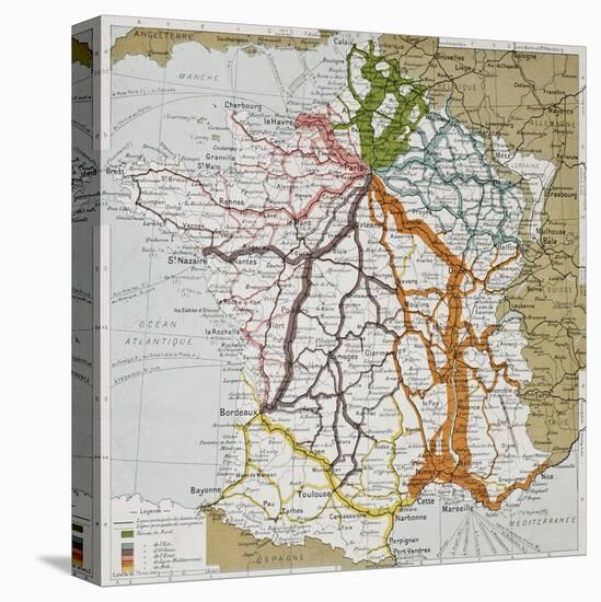 French Railways Old Map (End Of 19Th Century)-marzolino-Stretched Canvas