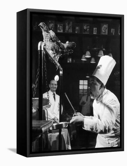 French Restaurant Owner Sam Letrone Entertaining Patrons with His Performing Chicken-Loomis Dean-Framed Stretched Canvas