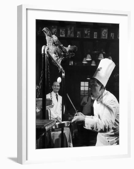 French Restaurant Owner Sam Letrone Entertaining Patrons with His Performing Chicken-Loomis Dean-Framed Photographic Print