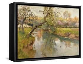 French River Landscape with a Flowering Tree-Fritz Thaulow-Framed Stretched Canvas