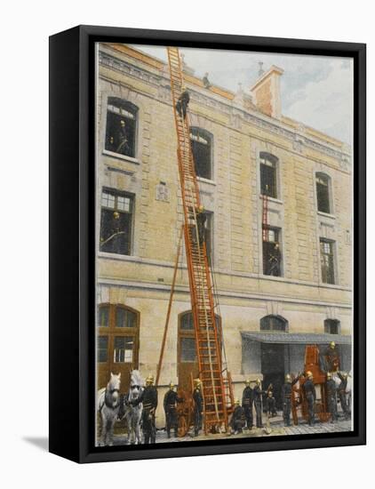 French Sapeurs-Pompiers Use a Long Ladder to Reach the Highest Floors of a Burning Building-null-Framed Stretched Canvas