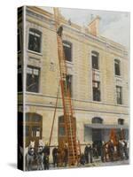 French Sapeurs-Pompiers Use a Long Ladder to Reach the Highest Floors of a Burning Building-null-Stretched Canvas