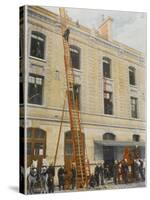 French Sapeurs-Pompiers Use a Long Ladder to Reach the Highest Floors of a Burning Building-null-Stretched Canvas