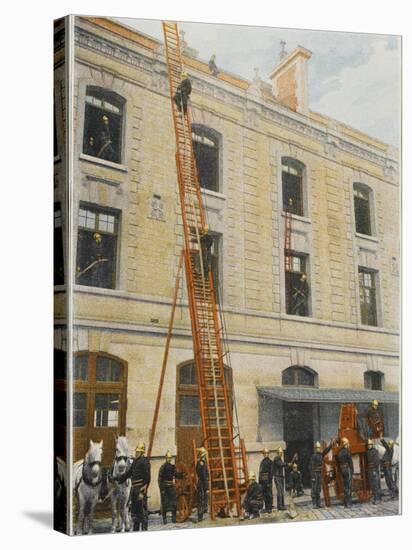 French Sapeurs-Pompiers Use a Long Ladder to Reach the Highest Floors of a Burning Building-null-Stretched Canvas