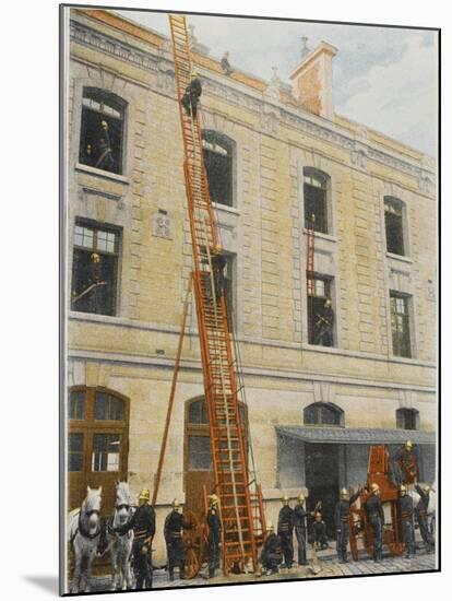 French Sapeurs-Pompiers Use a Long Ladder to Reach the Highest Floors of a Burning Building-null-Mounted Photographic Print