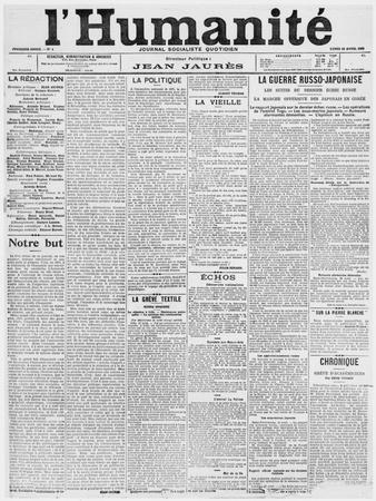 Front Page, First Issue of the Newspaper 'L'Humanite', 18th April 1904