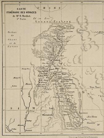 Map of Laos and the Mekong River Showing the Route of the Voyage of Henri Mouhot, Illustration…