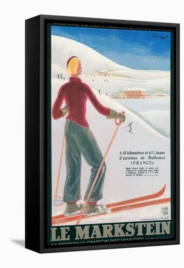 French Ski Poster with Woman Skier-null-Framed Stretched Canvas