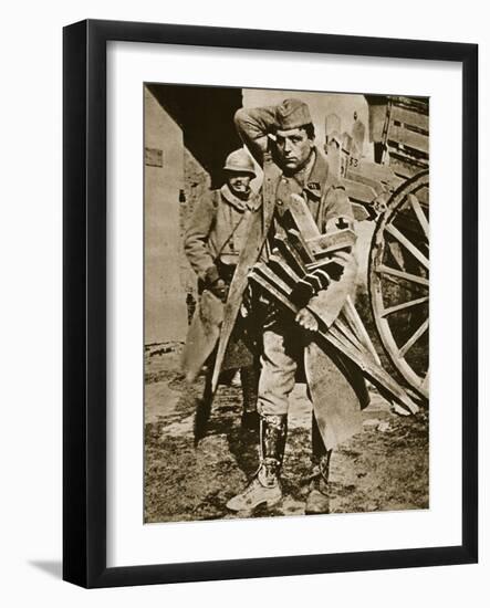 French Soldier with Wooden Crosses to Be Placed on Temporary Graves-null-Framed Photographic Print