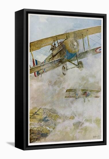 French Spad Aircraft on Patrol-Francois Flameng-Framed Stretched Canvas