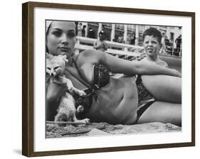 French Starlet Philomene Toulouse Angling Attention with Pet Fox and Bare Torso-Paul Schutzer-Framed Premium Photographic Print