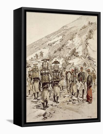 French Troops on the March, 1886-Jean Baptiste Lallemand-Framed Stretched Canvas