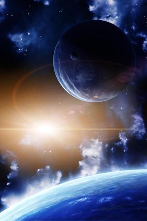 Space Flare. A Beautiful Space Scene With Planets And Nebula