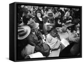 Frenzied Shoppers Crowd around Busy Cashier During Hearn's Department Stores Bargain Rush Sale-Lisa Larsen-Framed Stretched Canvas