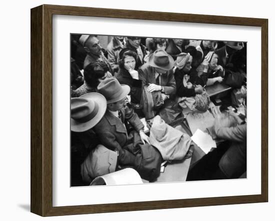 Frenzied Shoppers Crowd around Busy Cashier During Hearn's Department Stores Bargain Rush Sale-Lisa Larsen-Framed Photographic Print