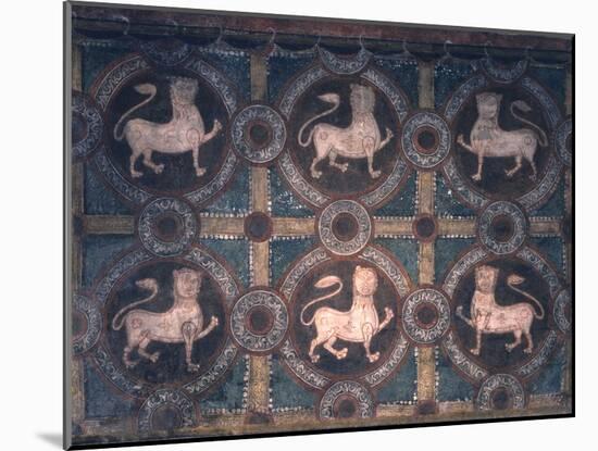 Fresco of Lions on Decorative Ground, 11th C-null-Mounted Photo