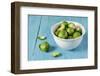 Fresh Brussels Sprouts in White Bowl on Turquoise Wooden Table-Jana Ihle-Framed Photographic Print