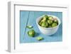 Fresh Brussels Sprouts in White Bowl on Turquoise Wooden Table-Jana Ihle-Framed Photographic Print