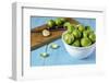 Fresh Brussels Sprouts in White Bowl on Turquoise Wooden Table-Jana Ihle-Framed Photographic Print