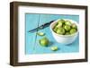 Fresh Brussels Sprouts in White Bowl on Turquoise Wooden Table-Jana Ihle-Framed Photographic Print