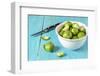 Fresh Brussels Sprouts in White Bowl on Turquoise Wooden Table-Jana Ihle-Framed Photographic Print