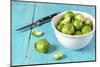 Fresh Brussels Sprouts in White Bowl on Turquoise Wooden Table-Jana Ihle-Mounted Photographic Print