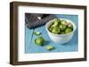 Fresh Brussels Sprouts in White Bowl on Turquoise Wooden Table-Jana Ihle-Framed Photographic Print