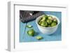 Fresh Brussels Sprouts in White Bowl on Turquoise Wooden Table-Jana Ihle-Framed Photographic Print