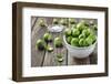 Fresh Brussels Sprouts in White Bowl on Wooden Table-Jana Ihle-Framed Photographic Print