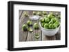 Fresh Brussels Sprouts in White Bowl on Wooden Table-Jana Ihle-Framed Photographic Print