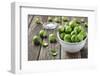 Fresh Brussels Sprouts in White Bowl on Wooden Table-Jana Ihle-Framed Photographic Print