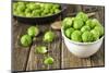 Fresh Brussels Sprouts in White Bowl on Wooden Table-Jana Ihle-Mounted Photographic Print