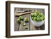 Fresh Brussels Sprouts in White Bowl on Wooden Table-Jana Ihle-Framed Photographic Print