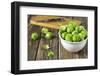 Fresh Brussels Sprouts in White Bowl on Wooden Table-Jana Ihle-Framed Photographic Print