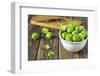 Fresh Brussels Sprouts in White Bowl on Wooden Table-Jana Ihle-Framed Photographic Print