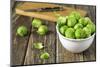 Fresh Brussels Sprouts in White Bowl on Wooden Table-Jana Ihle-Mounted Photographic Print