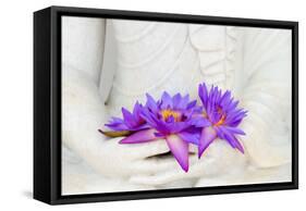 Fresh Flue Star Water Lily or Star Lotus Flowers in Buddha Image Hands-Iryna Rasko-Framed Stretched Canvas