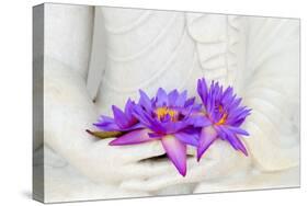 Fresh Flue Star Water Lily or Star Lotus Flowers in Buddha Image Hands-Iryna Rasko-Stretched Canvas