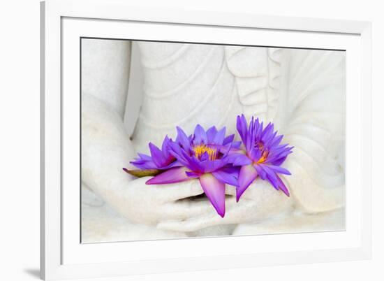 Fresh Flue Star Water Lily or Star Lotus Flowers in Buddha Image Hands-Iryna Rasko-Framed Photographic Print