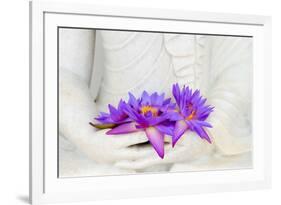 Fresh Flue Star Water Lily or Star Lotus Flowers in Buddha Image Hands-Iryna Rasko-Framed Photographic Print