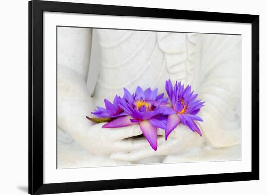 Fresh Flue Star Water Lily or Star Lotus Flowers in Buddha Image Hands-Iryna Rasko-Framed Photographic Print