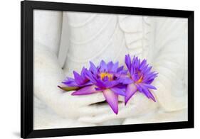 Fresh Flue Star Water Lily or Star Lotus Flowers in Buddha Image Hands-Iryna Rasko-Framed Photographic Print