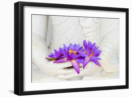 Fresh Flue Star Water Lily or Star Lotus Flowers in Buddha Image Hands-Iryna Rasko-Framed Photographic Print