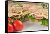 Fresh Ham and Cheese on White Sandwich in Rustic Kitchen Setting-Veneratio-Framed Stretched Canvas