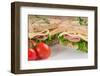 Fresh Ham and Cheese on White Sandwich in Rustic Kitchen Setting-Veneratio-Framed Photographic Print